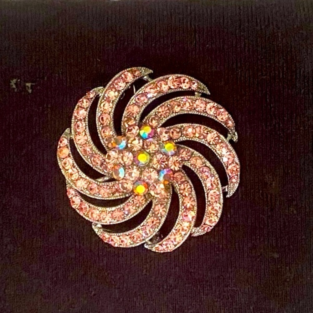 Vintage pink & aurora borealis floral swirl brooch silver tone back 2 inches